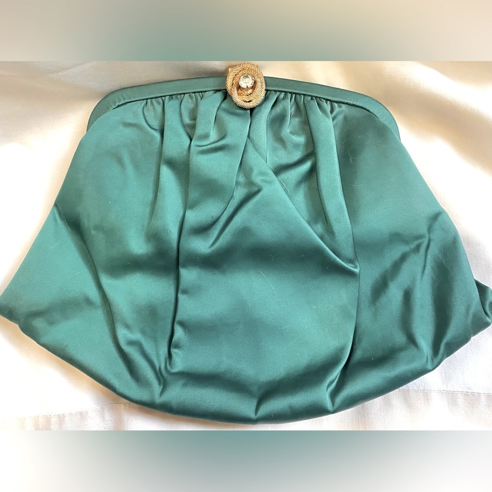 Bobbie Jerome Vintage Emerald Green Clutch Purse 1950s with a gold clasp